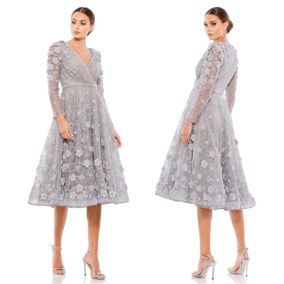 Mac Duggal Floral Embellished Surplice Neckline Long-Sleeve Tea Dress Size 10 - Picture 1 of 8